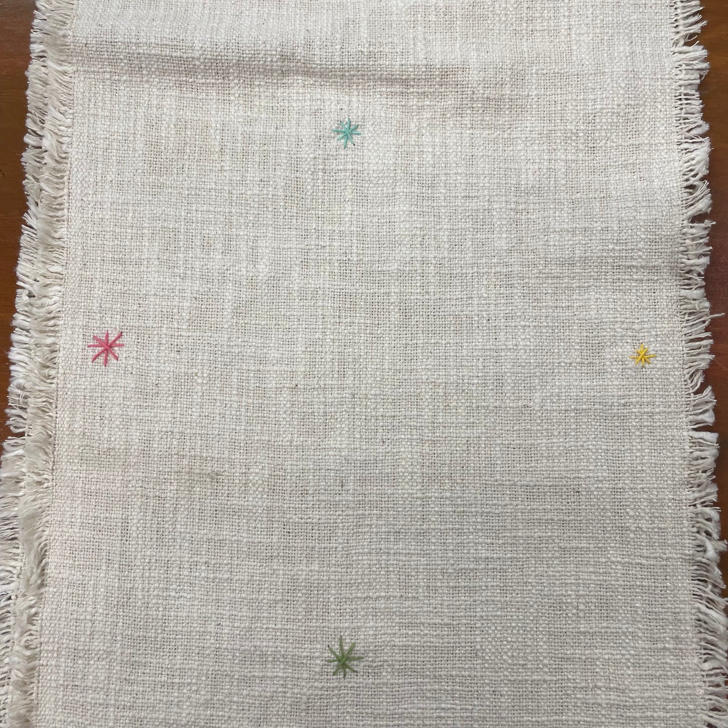 Handmade Embroidered Slub Cotton Table Runner – With Peacock Green/Teal Woollen Tassels