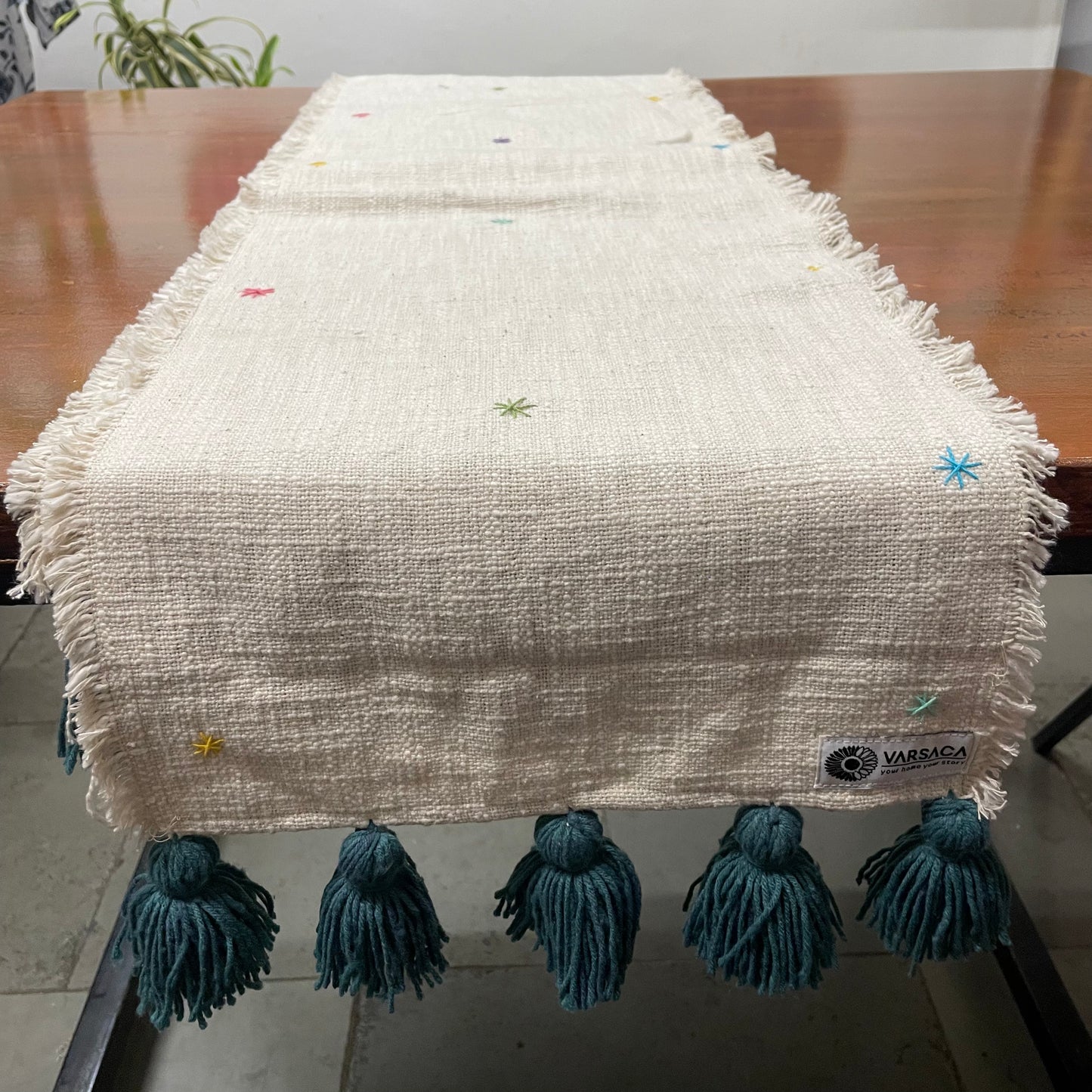 Handmade Embroidered Slub Cotton Table Runner – With Peacock Green/Teal Woollen Tassels