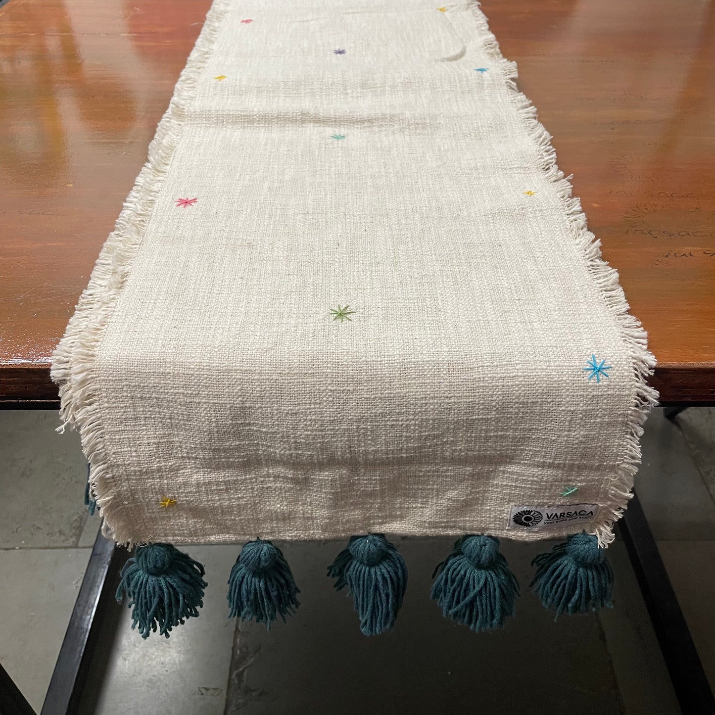 Handmade Embroidered Slub Cotton Table Runner – With Peacock Green/Teal Woollen Tassels
