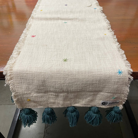 Handmade Embroidered Slub Cotton Table Runner – With Peacock Green/Teal Woollen Tassels