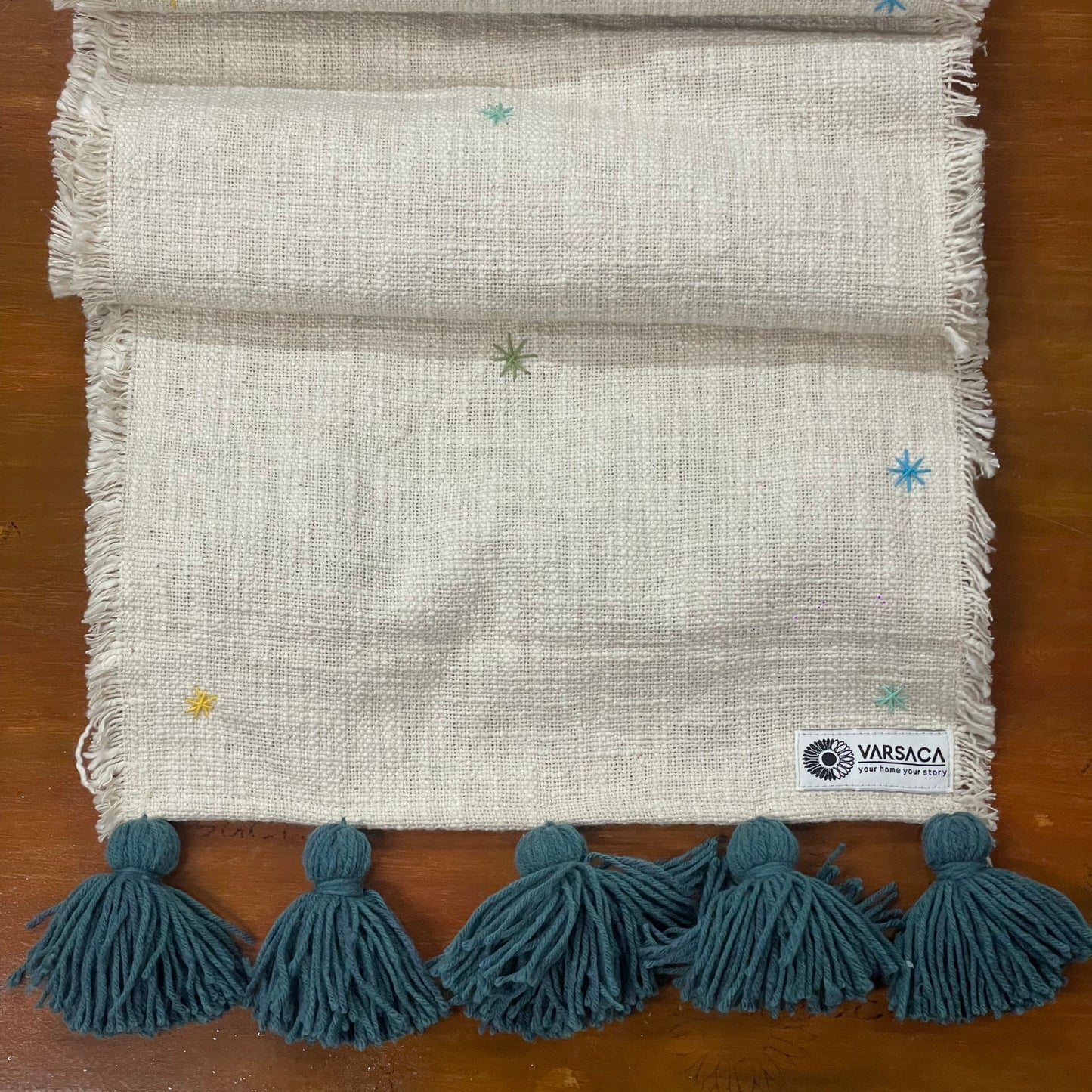 Handmade Embroidered Slub Cotton Table Runner – With Peacock Green/Teal Woollen Tassels