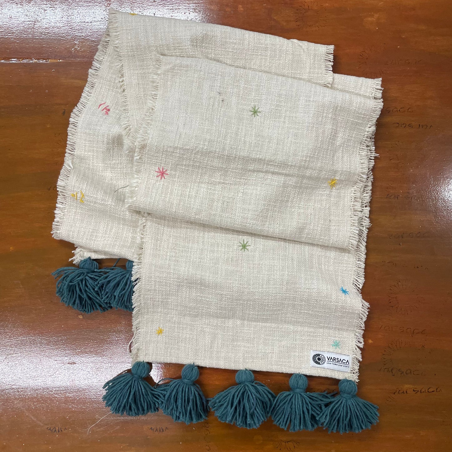 Handmade Embroidered Slub Cotton Table Runner – With Peacock Green/Teal Woollen Tassels