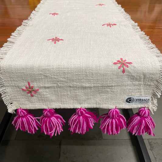 Handmade Embroidered Slub Cotton Table Runner – With Pink Woollen Tassels