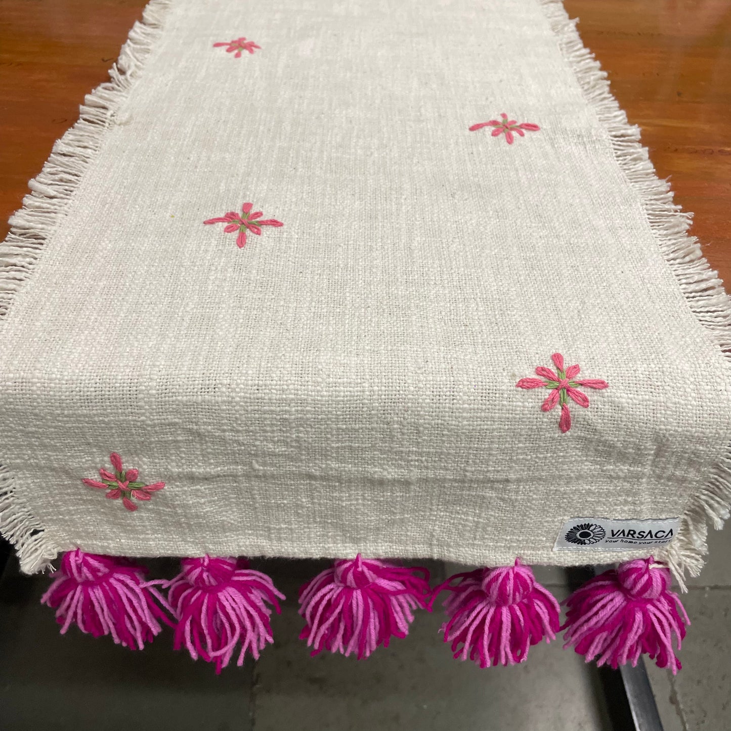 Handmade Embroidered Slub Cotton Table Runner – With Pink Woollen Tassels