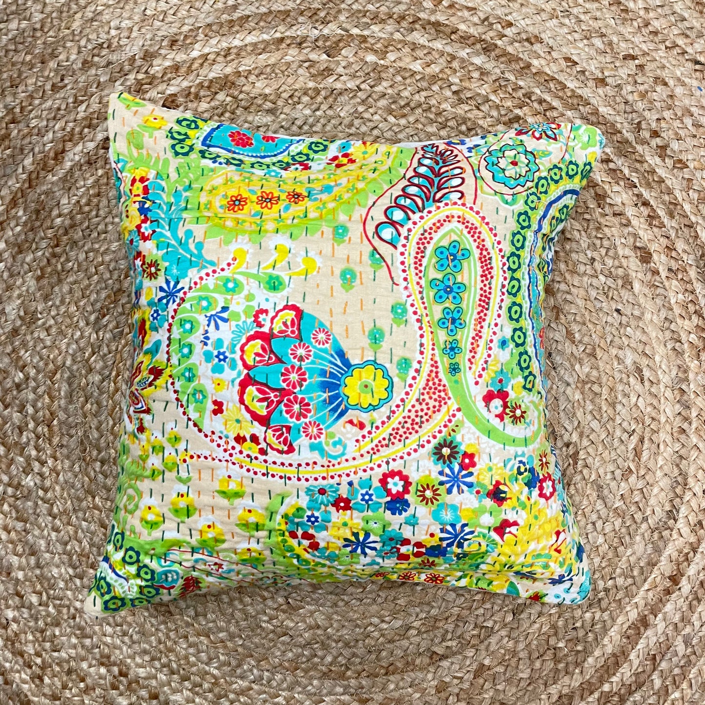 Green Paisley Floral Kantha Work Cushion Cover – Handmade