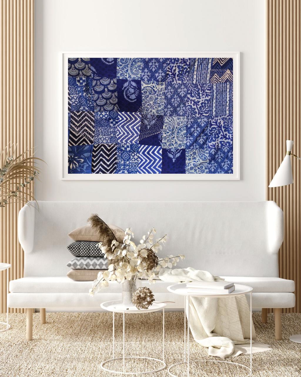 Indigo Patchwork Kantha Wall Frame – Boho Art with Traditional Wave Motif