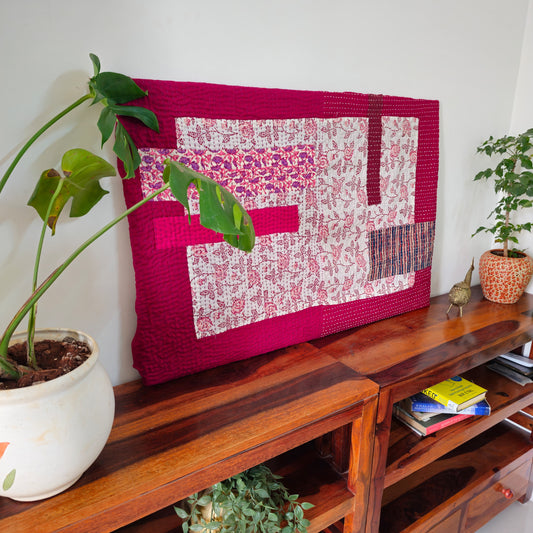 Red Patchwork Kantha Wall Frame – Boho Art with Traditional Motifs | Varsaca