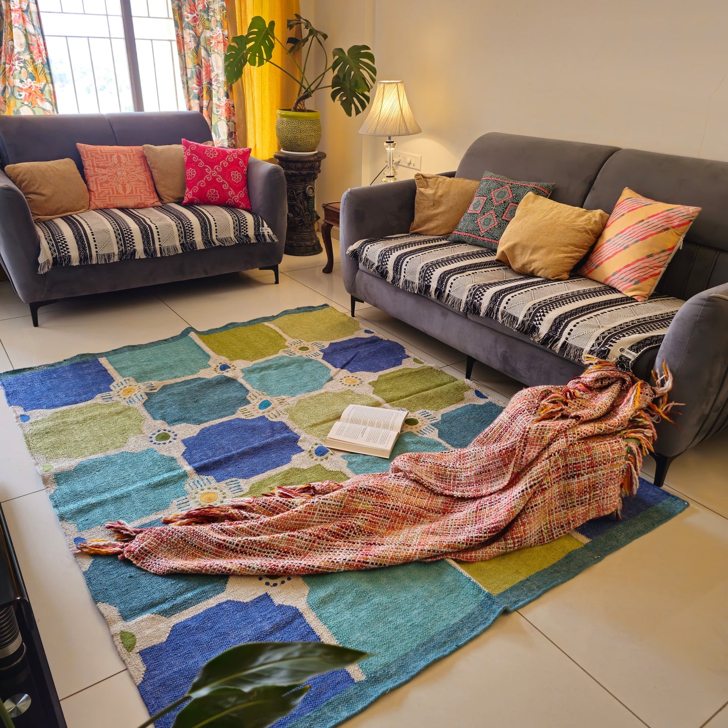 Blue and Green Geometric Cotton Rug – Handwoven 7.2x5.2 ft Dhurrie for Boho & Modern Homes