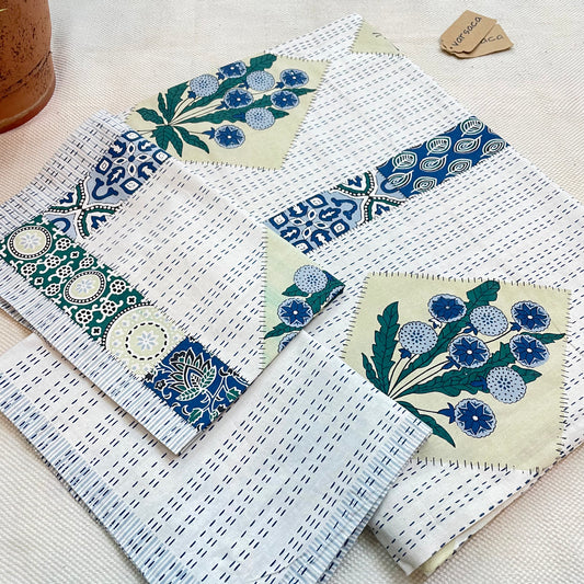 White Jaipuri Cotton King Size Bedsheet – Blue, Yellow & Green Floral Motifs with Kantha-Inspired Printed Stitch & Geometric Patch Details (90x108") + Pillow Covers