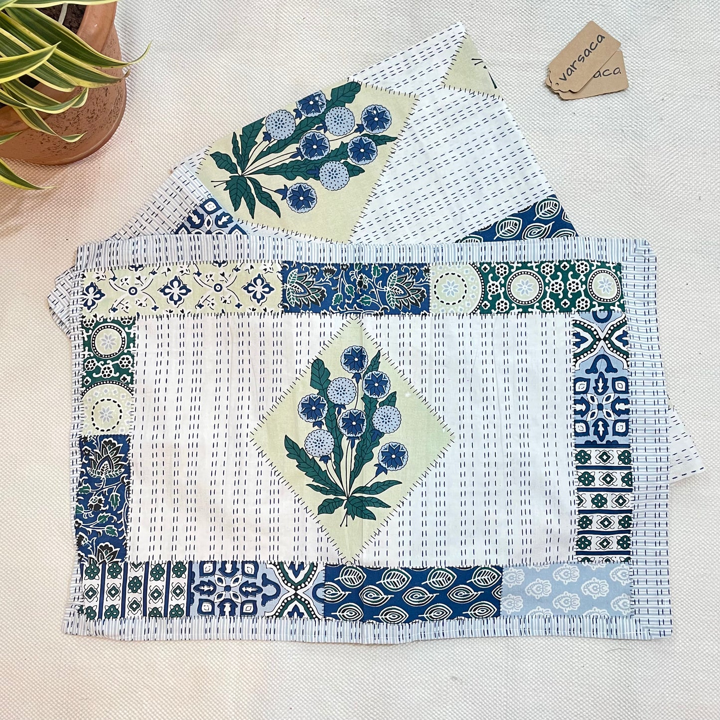 White Jaipuri Cotton King Size Bedsheet – Blue, Yellow & Green Floral Motifs with Kantha-Inspired Printed Stitch & Geometric Patch Details (90x108") + Pillow Covers