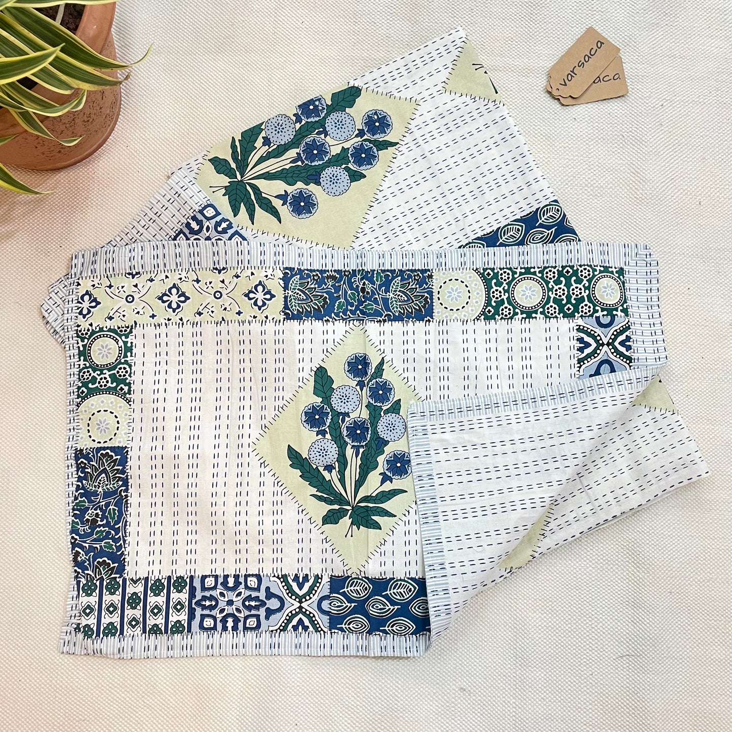 White Jaipuri Cotton King Size Bedsheet – Blue, Yellow & Green Floral Motifs with Kantha-Inspired Printed Stitch & Geometric Patch Details (90x108") + Pillow Covers