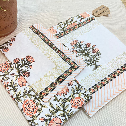 Hand Block Print Pure Cotton Orange And White Single Size Bed Sheet With Two Pillow Covers