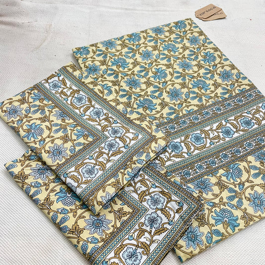 Yellow and Blue Floral Printed King Size Bedsheet With Printed Border