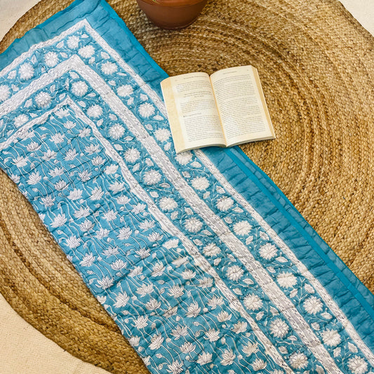 Baby Jaipuri Quilt (Razai) | Sky Blue & White Handblock Printed Lotus Cotton Blanket