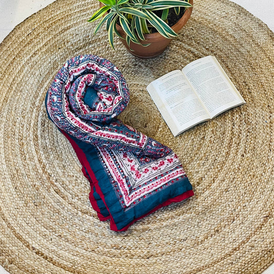 Red And Navy Blue Floral Print Super Soft Baby Quilt With Plain Red Border