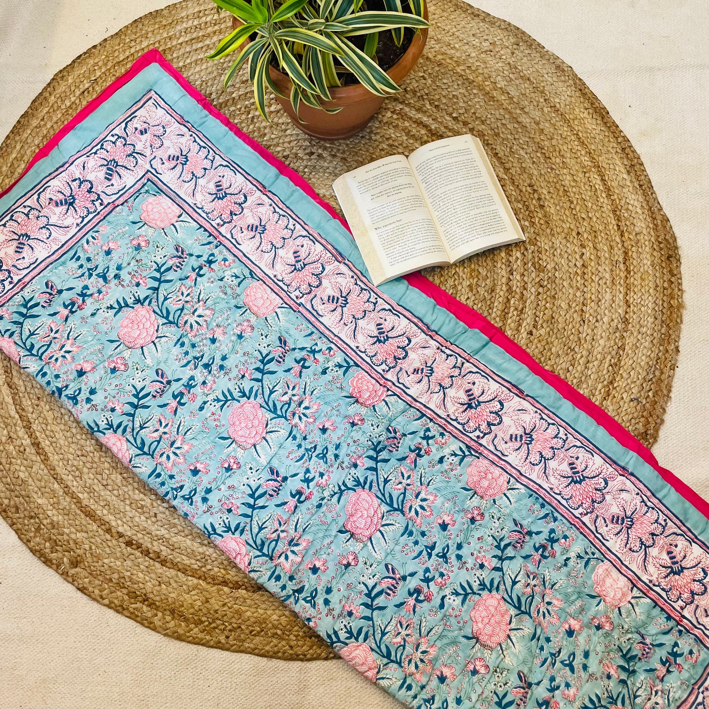 Blue Floral Baby Quilt with Pink Border