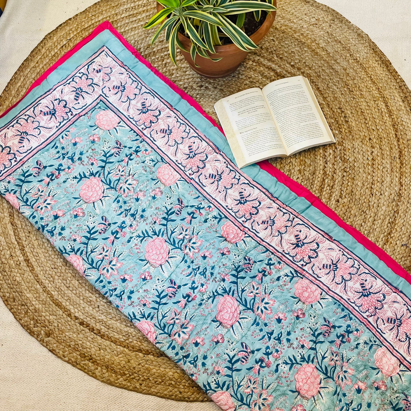 Blue Floral Baby Quilt with Pink Border