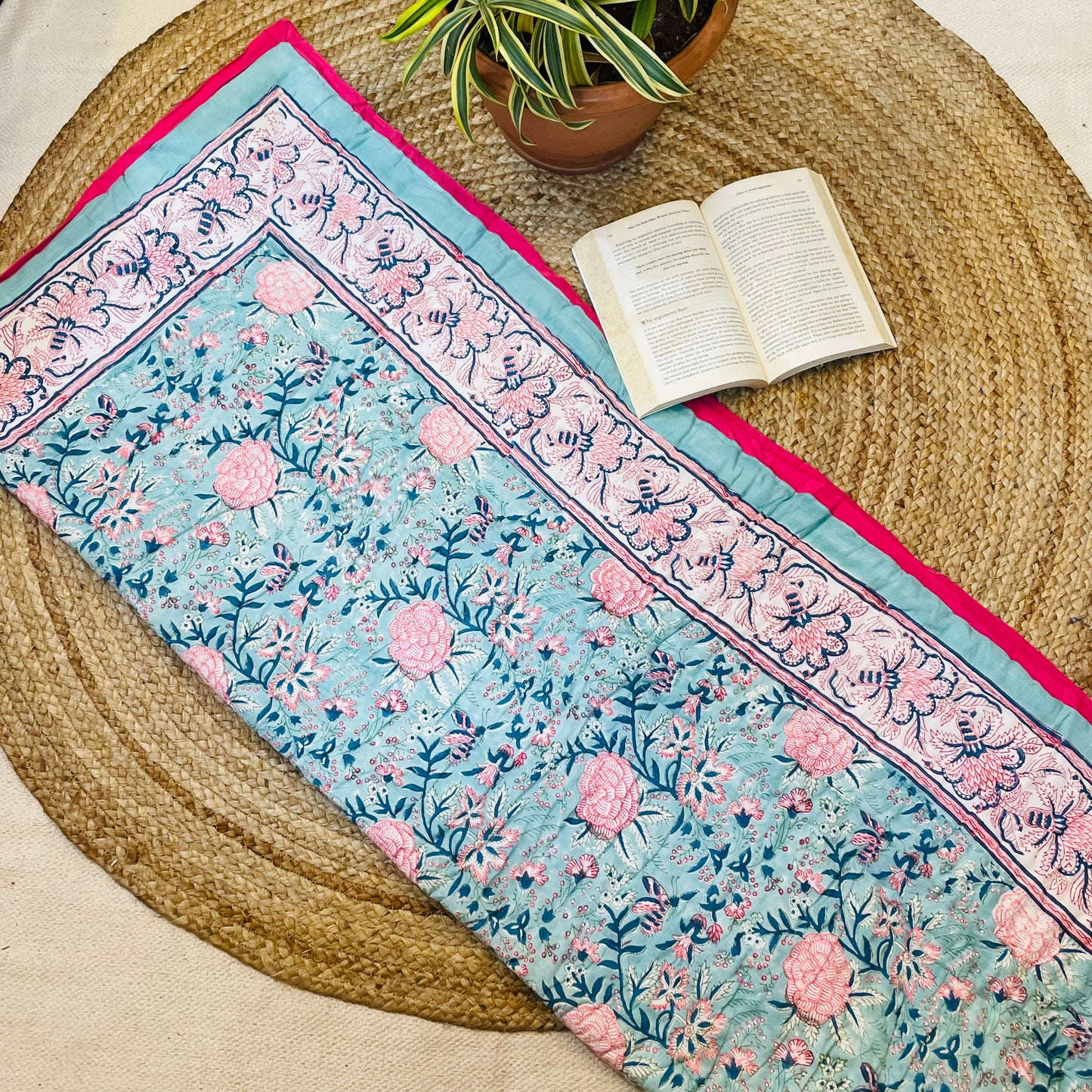 Blue Floral Baby Quilt with Pink Border