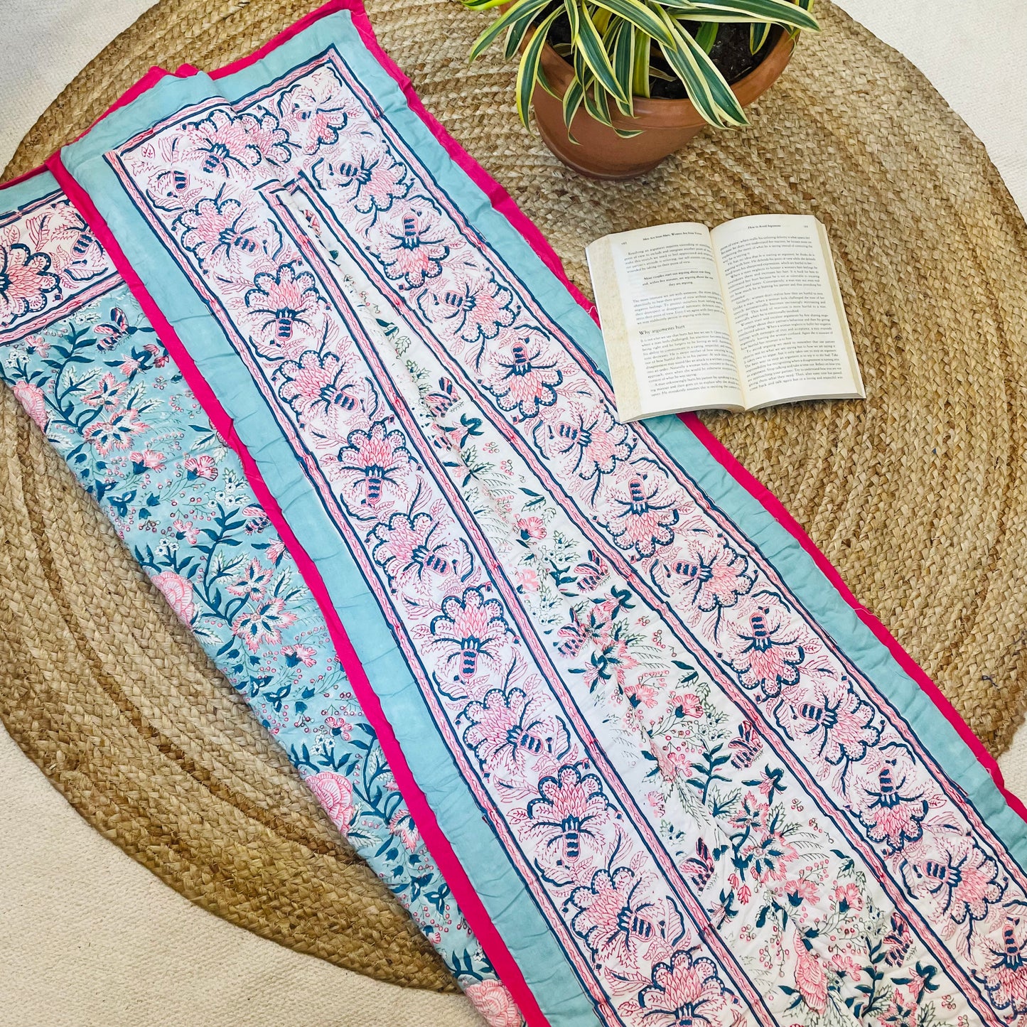 Blue Floral Baby Quilt with Pink Border