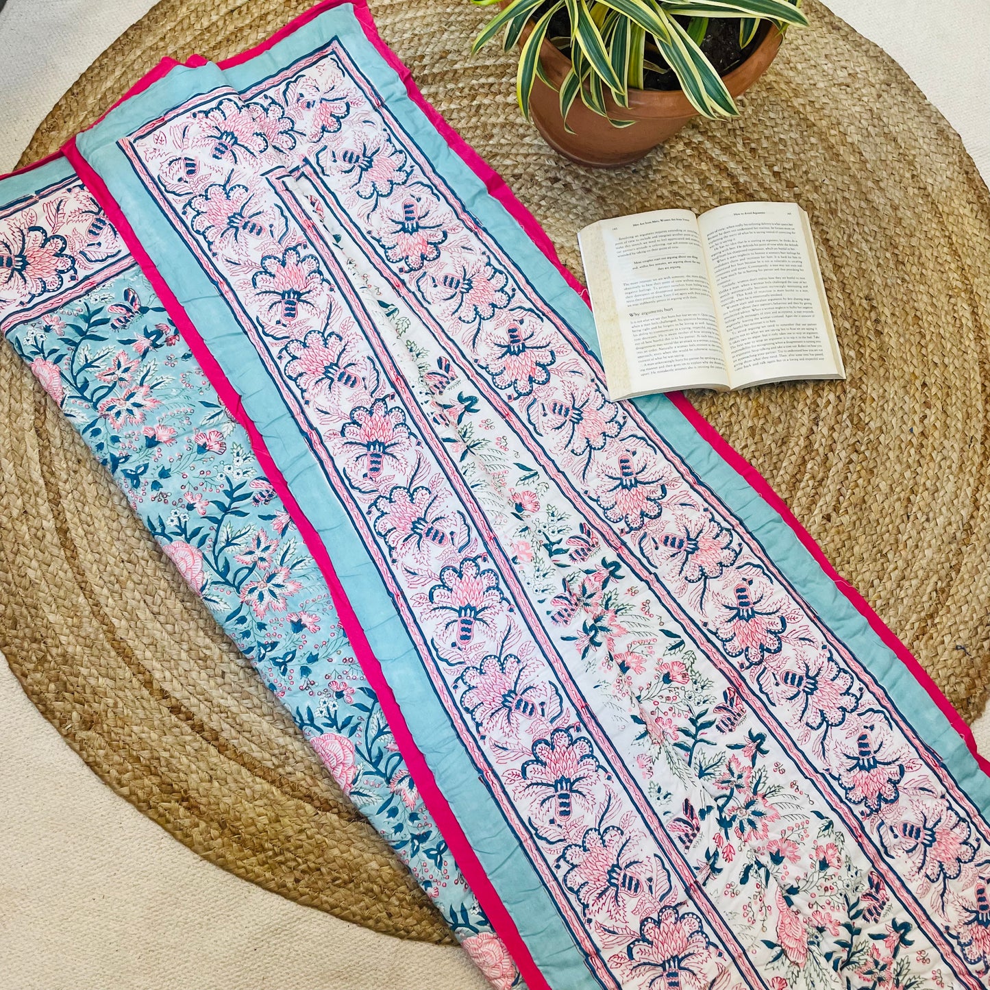 Blue Floral Baby Quilt with Pink Border