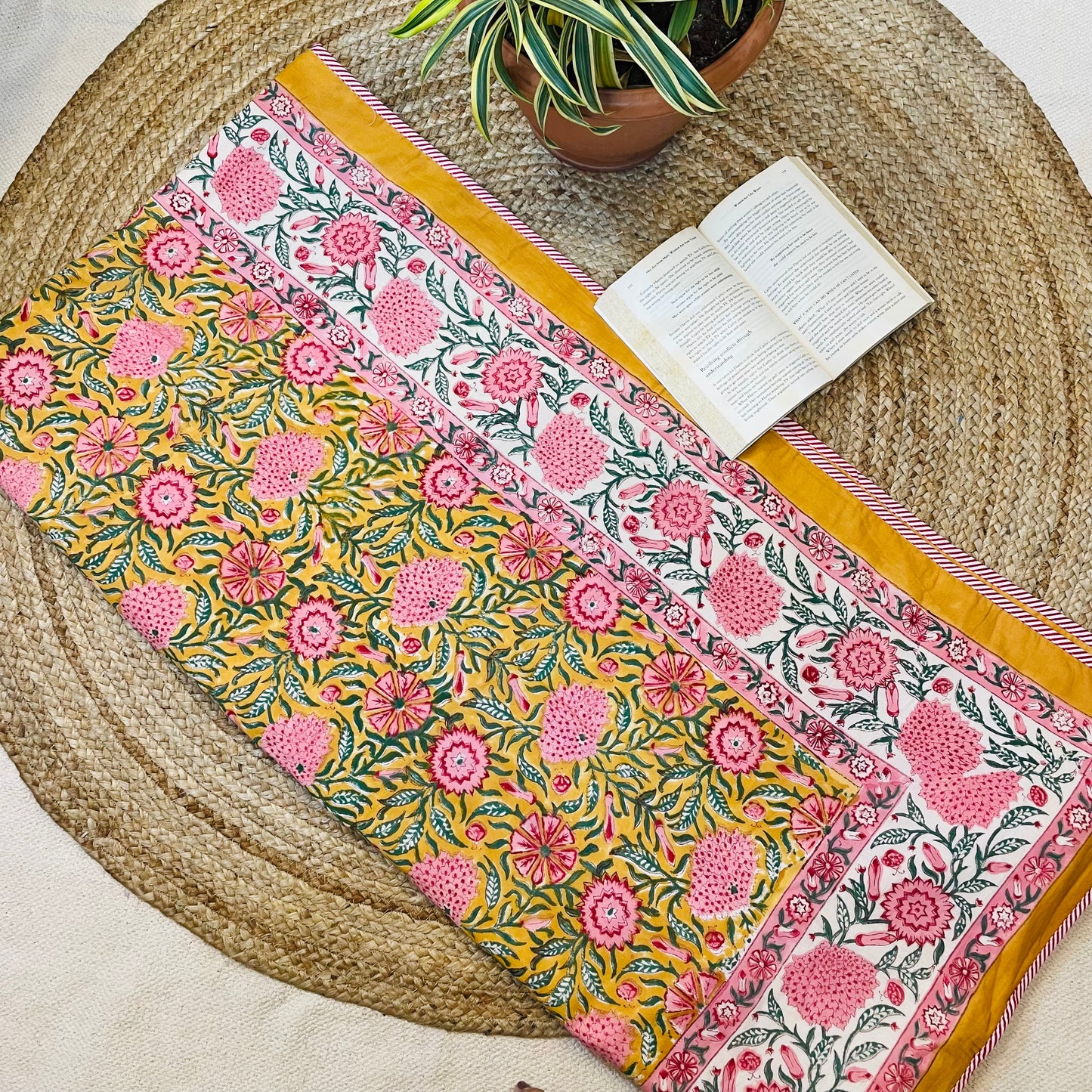 Mustard Yellow Floral Print Pure Cotton Reversible Dohar Single Bed Size