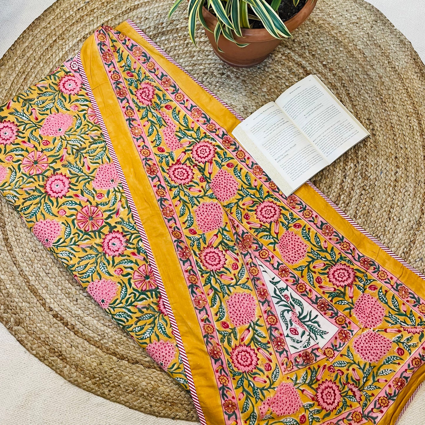 Mustard Yellow Floral Print Reversible Mul Cotton Dohar | Single Bed Size (60x90 in)