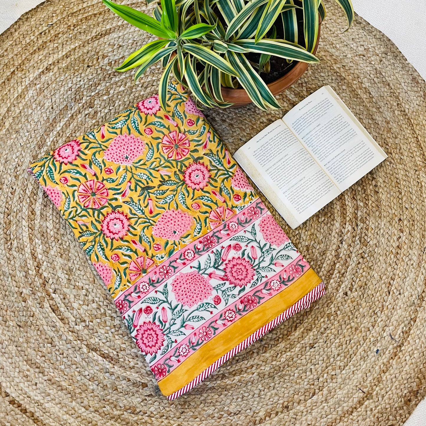 Mustard Yellow Floral Print Pure Cotton Reversible Dohar Single Bed Size