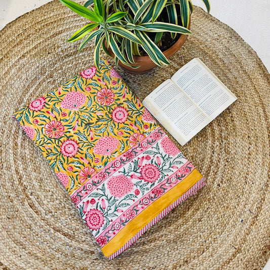 Mustard Yellow Floral Print Pure Cotton Reversible Dohar Single Bed Size