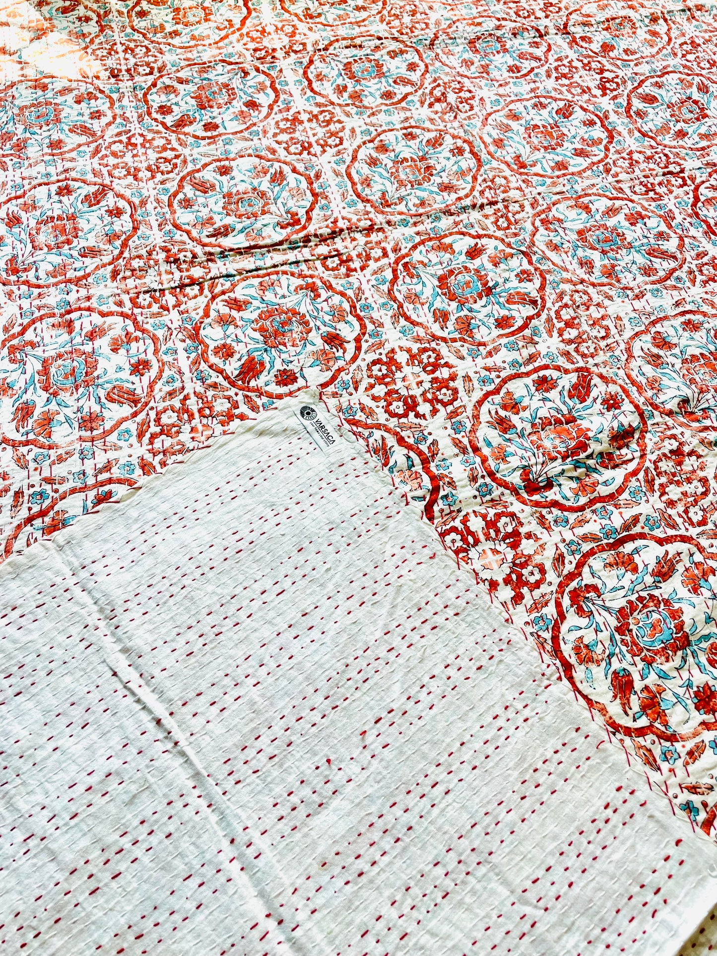 White and Brown Motif Kantha Bedcover | Handmade & Elegant
