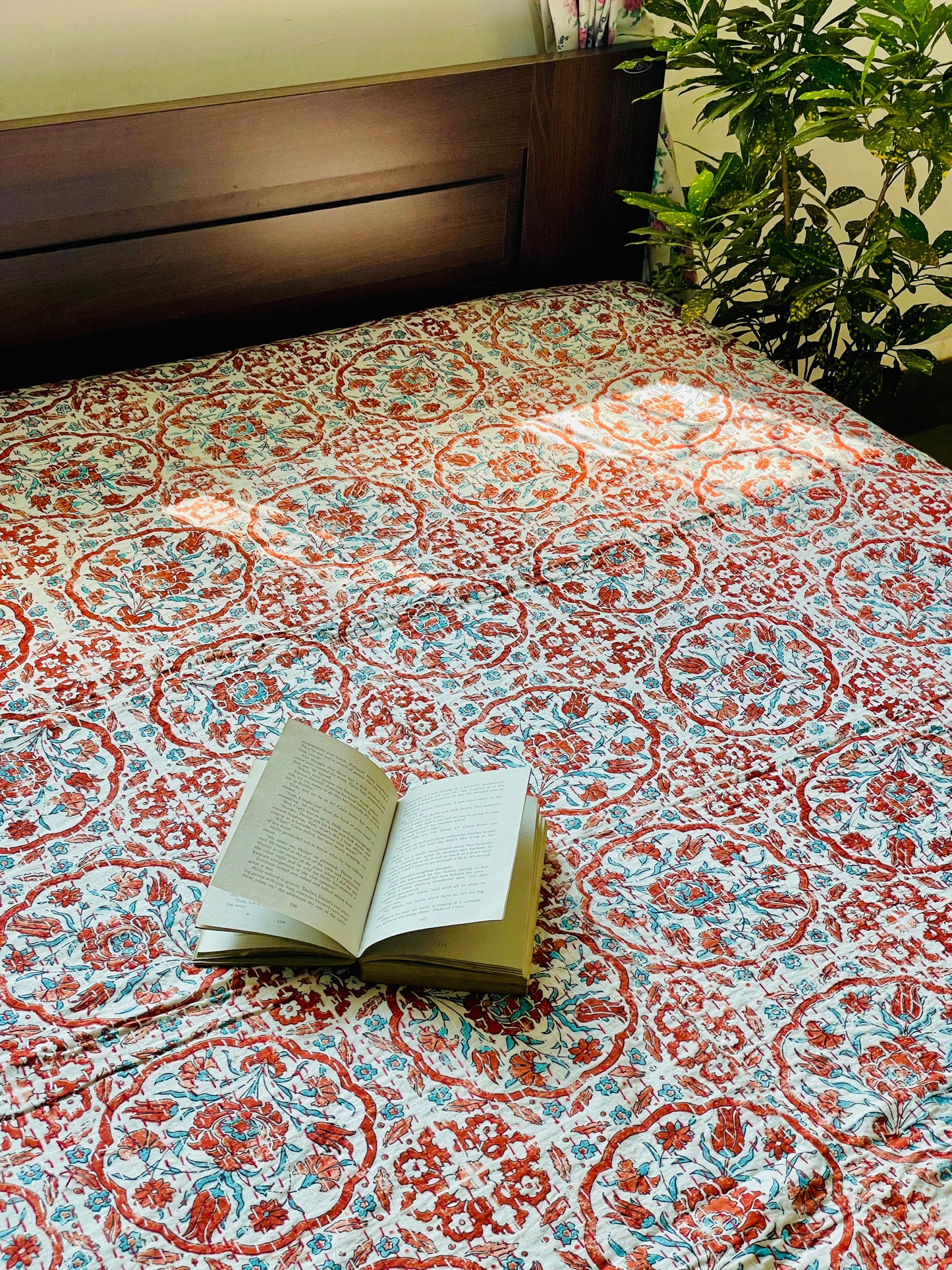 White and Brown Motif Kantha Bedcover | Handmade & Elegant