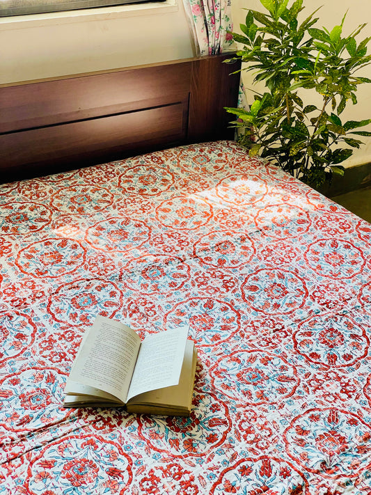 White and Brown Motif Kantha Bedcover | Handmade & Elegant