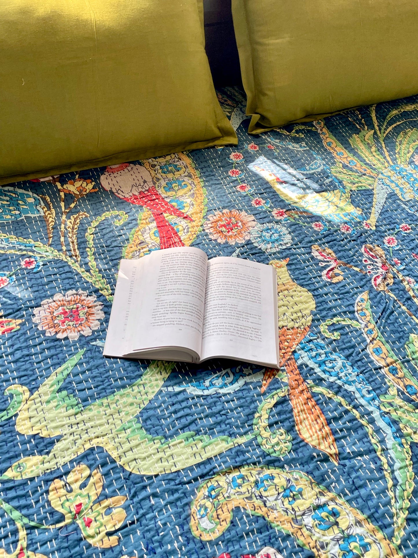 Handmade Blue Tropical Bird Kantha Bedcover