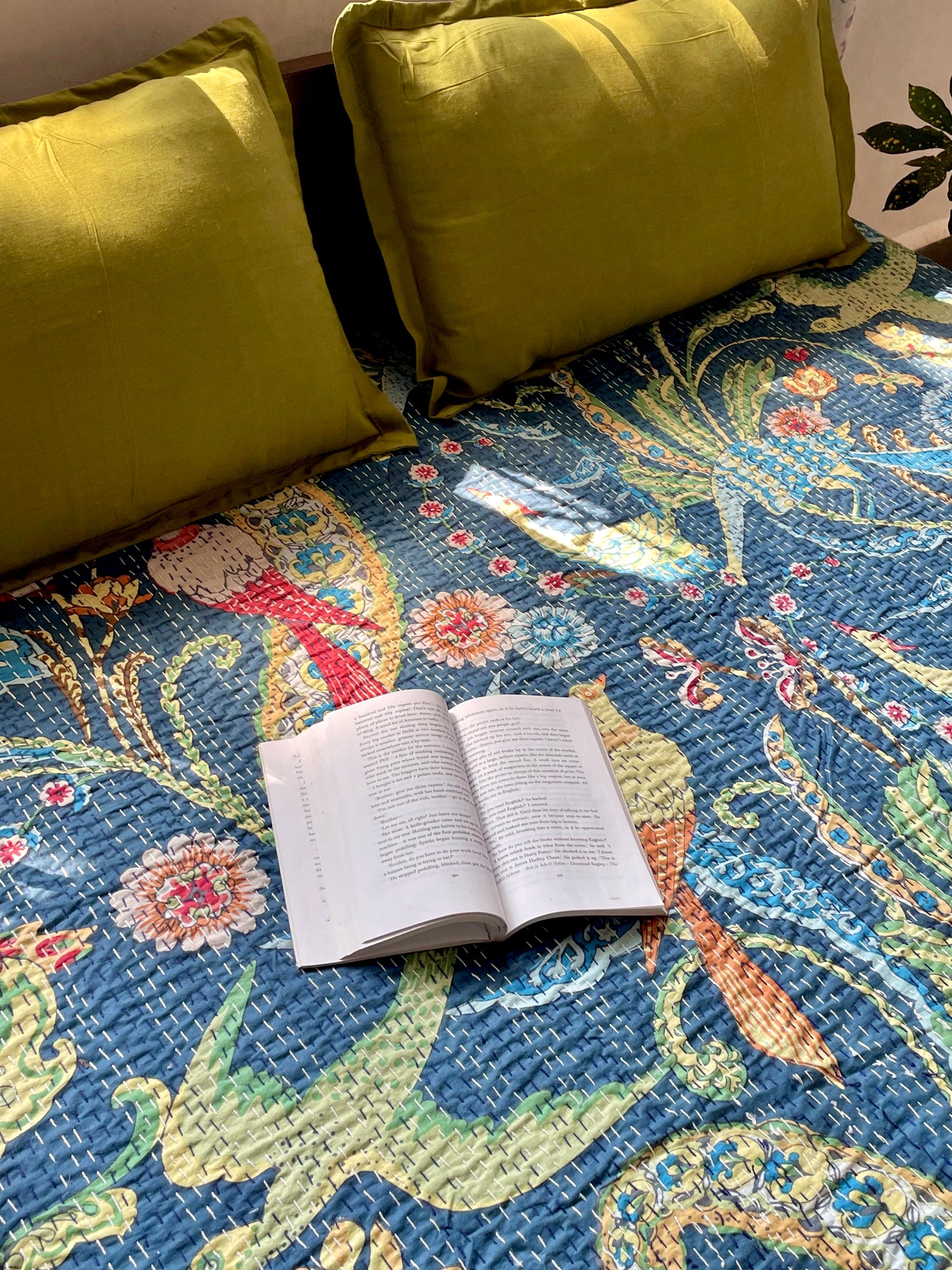 Handmade Blue Tropical Bird Kantha Bedcover