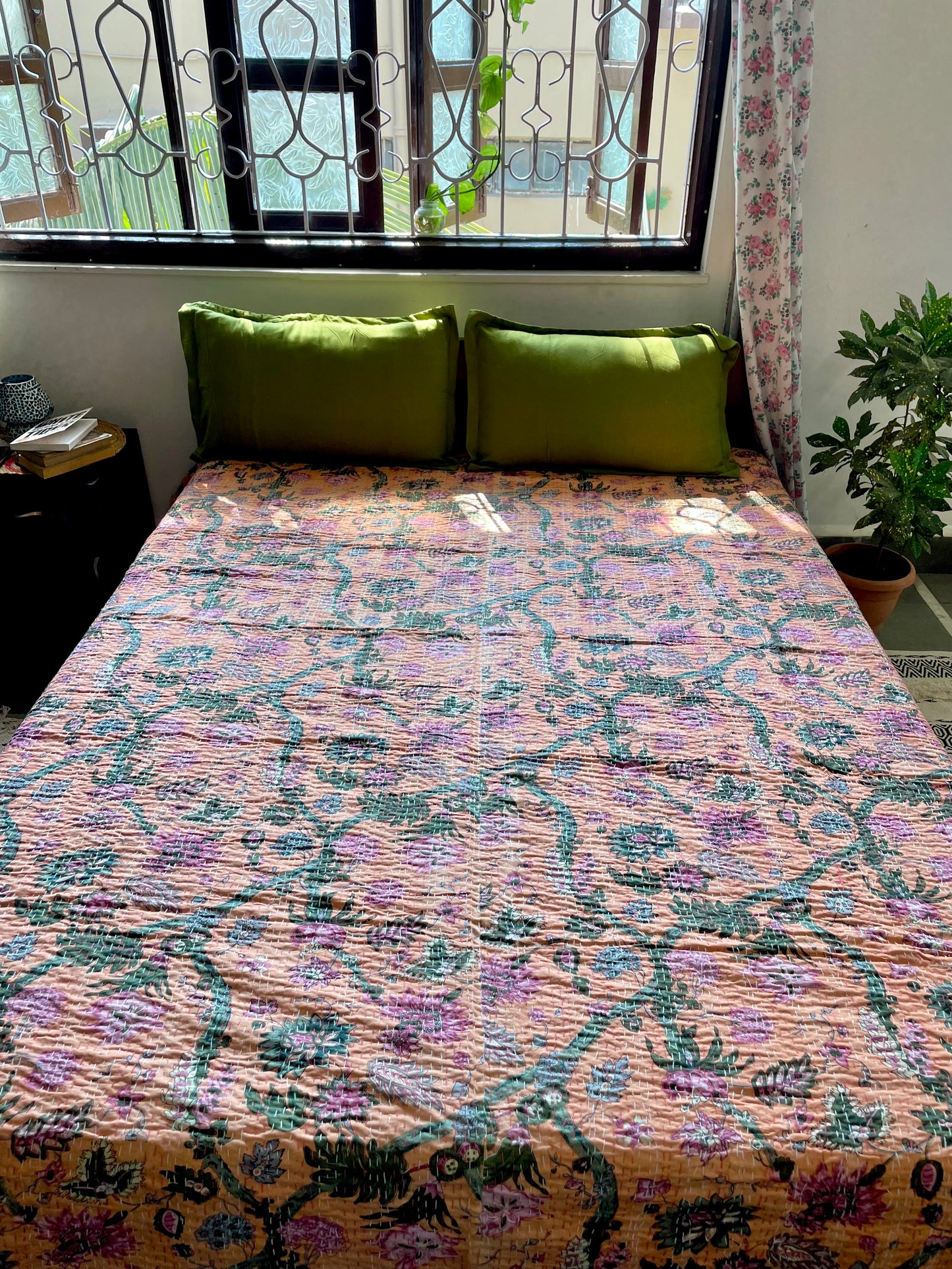 Hand-Stitched Salmon Pink Floral Kantha Bedcover