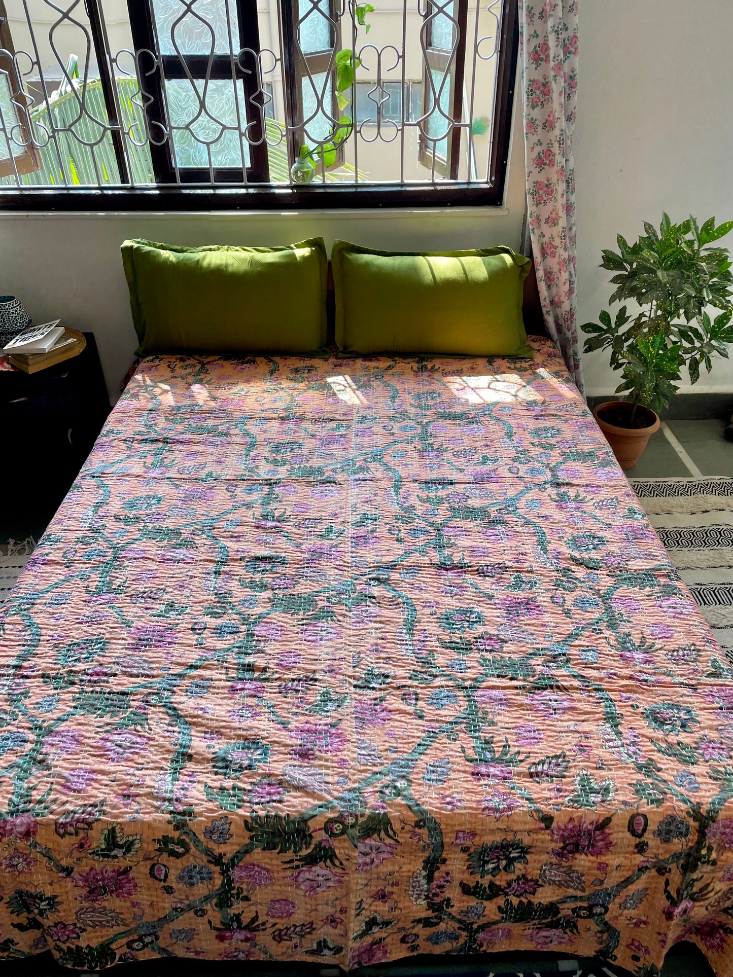 Hand-Stitched Salmon Pink Floral Kantha Bedcover