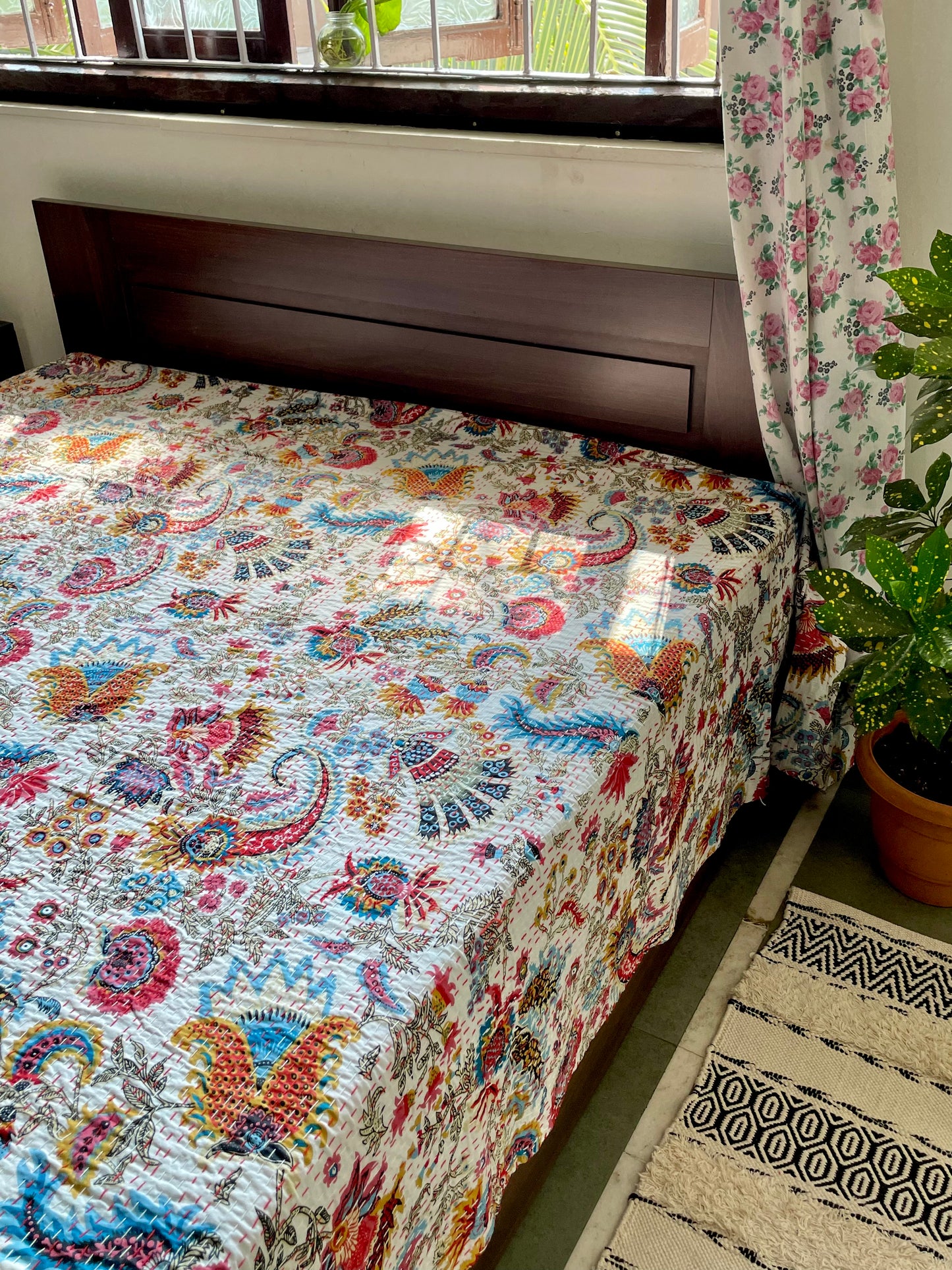 White Abstract Dragon Print Kantha Bedcover | Handmade & Artistic
