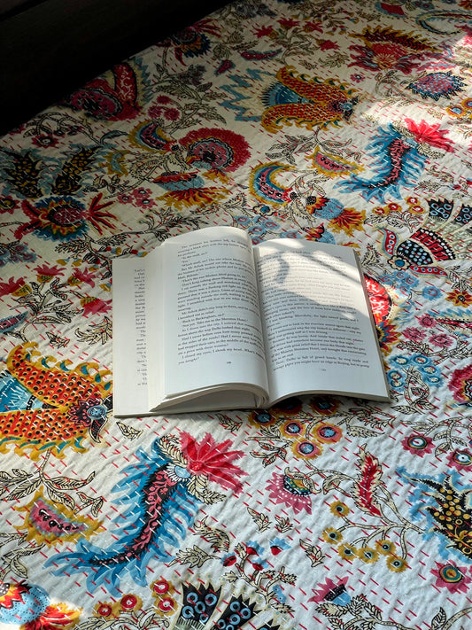 White Abstract Dragon Print Kantha Bedcover | Handmade & Artistic