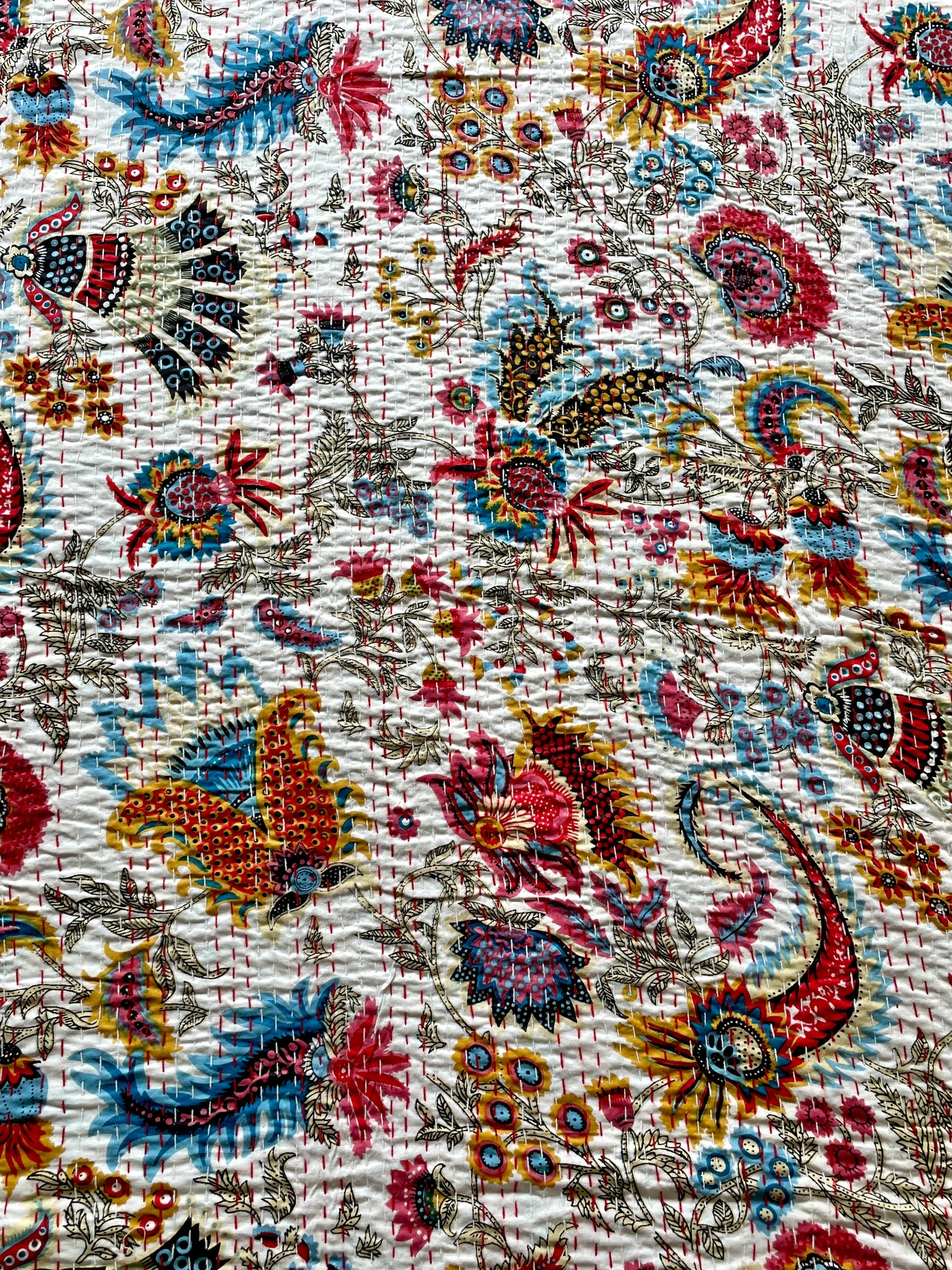 White Abstract Dragon Print Kantha Bedcover | Handmade & Artistic