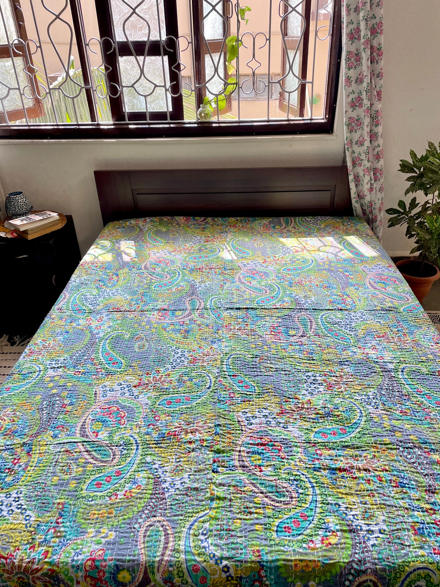 Grey and Green Paisley Print Kantha Bedcover | Handmade & Elegant