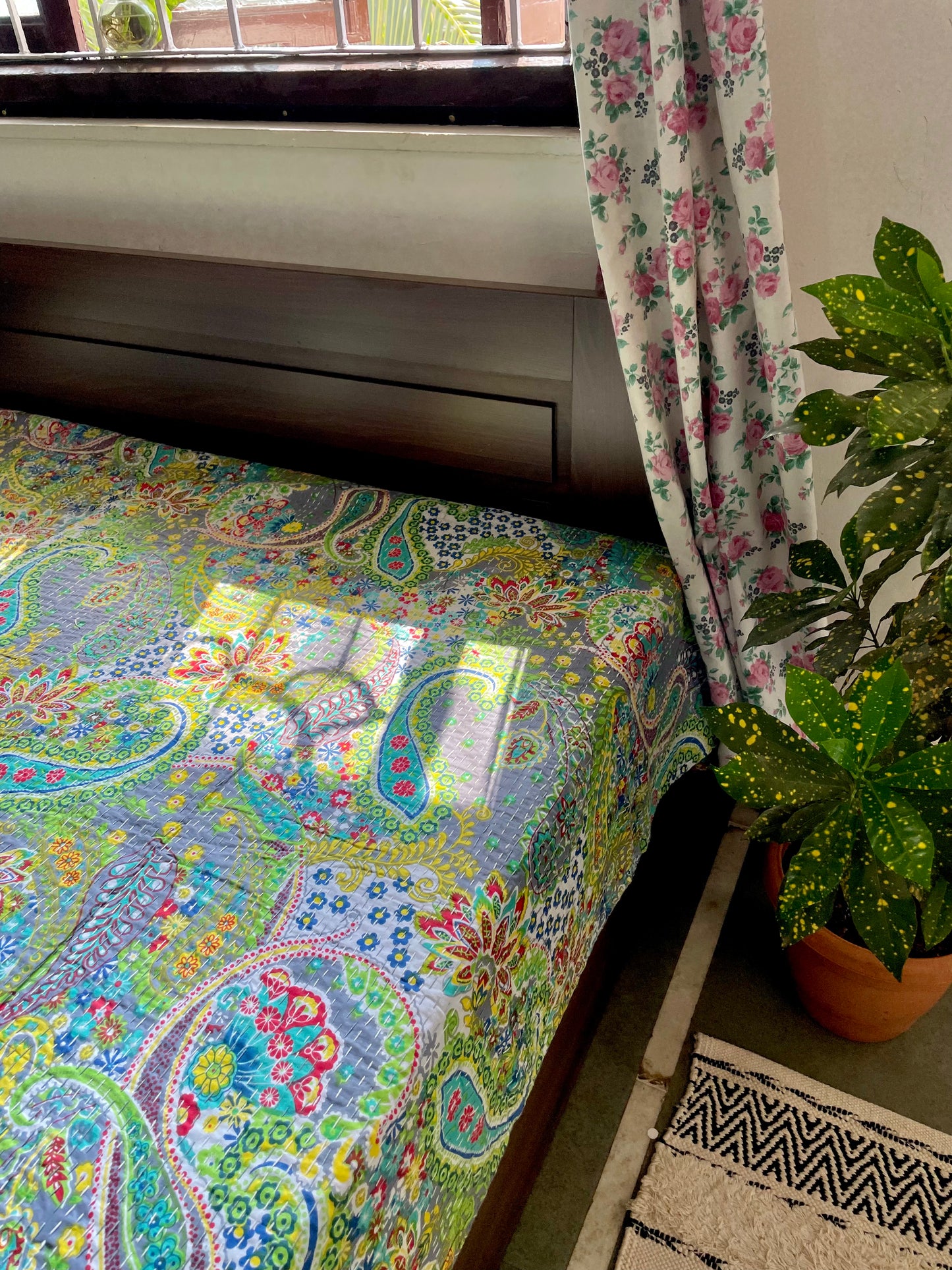 Grey and Green Paisley Print Kantha Bedcover | Handmade & Elegant