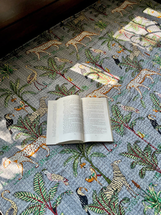 Grey Animal Print Kantha Bedcover | Reversible & Handmade