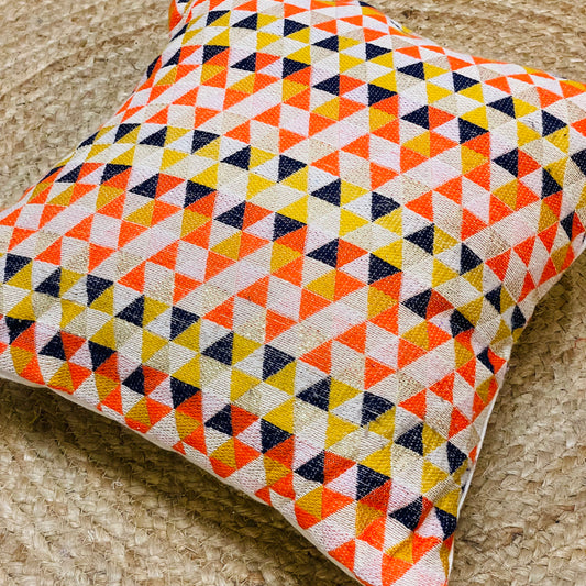 Orange Golden Beige Festive Geometric Print Cushion Cover – Handloom with Shimmer Thread Accents