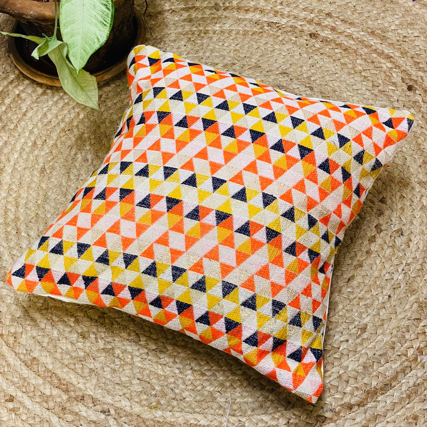 Orange Golden Beige Festive Geometric Print Cushion Cover – Handloom with Shimmer Thread Accents