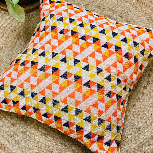 Orange Golden Beige Festive Geometric Print Cushion Cover – Handloom with Shimmer Thread Accents