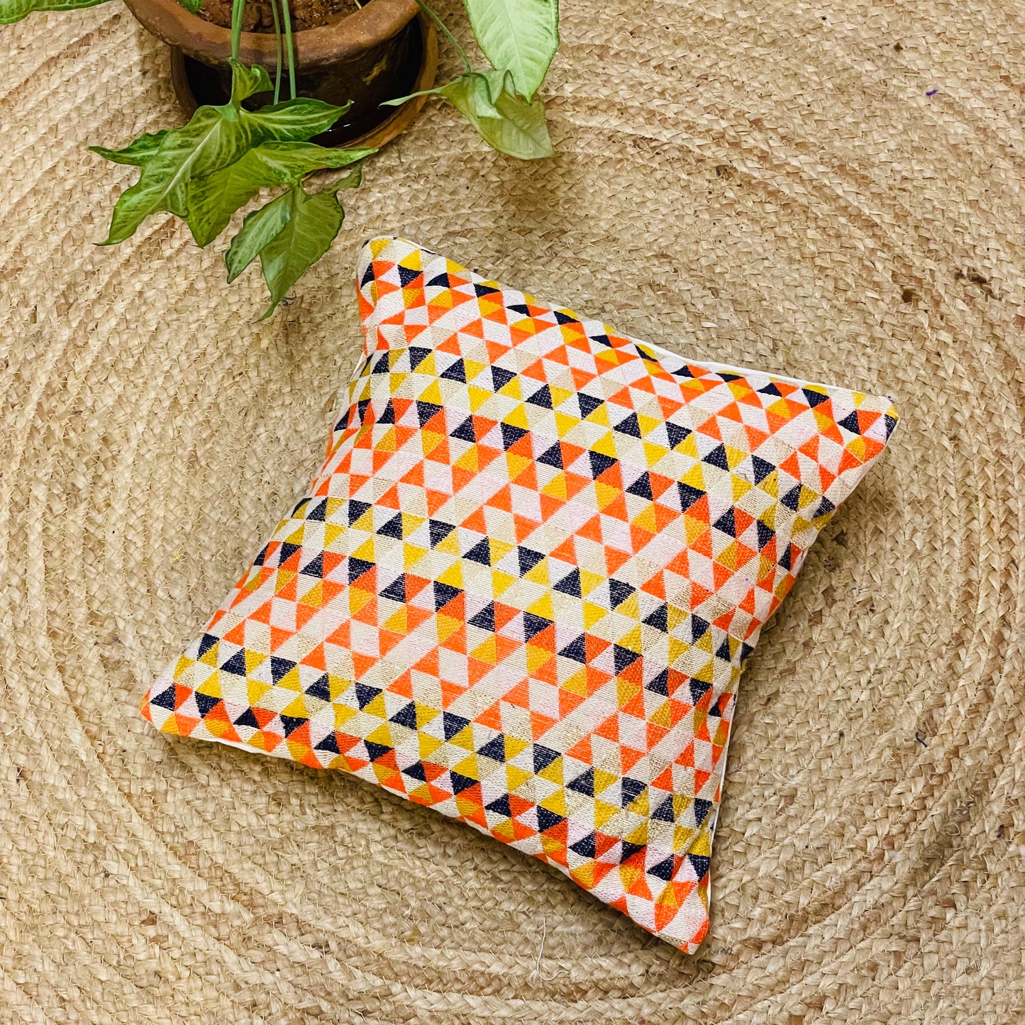 Orange Golden Beige Festive Geometric Print Cushion Cover – Handloom with Shimmer Thread Accents