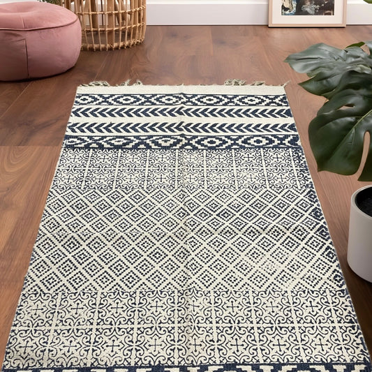 6x3 ft Black & White Leaf and Geometric Motif Cotton Dhurrie with Tassels