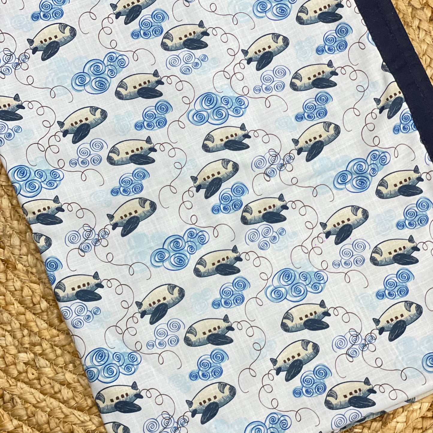Sky Blue Airplane Print Baby Quilt – Soft Cotton Blanket with Navy Blue Border | Varsaca