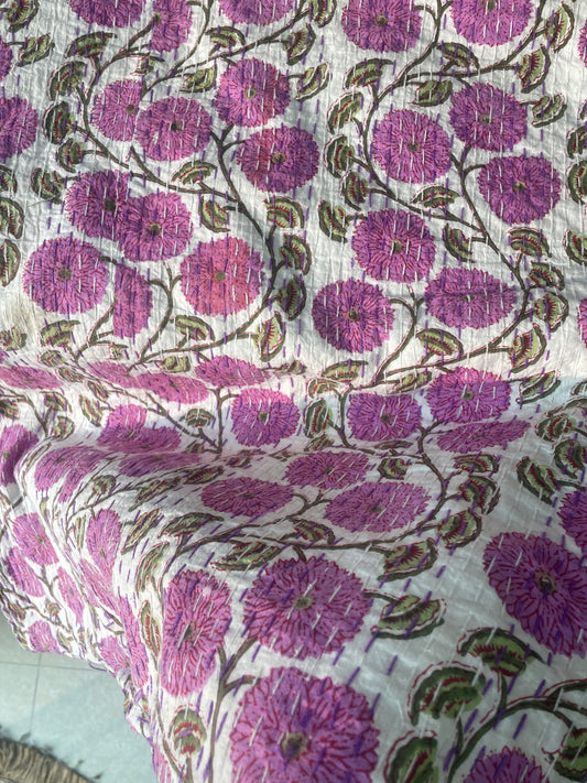 Handmade Kantha Work Lavender Floral Print Blackout Curtain | Unique Design