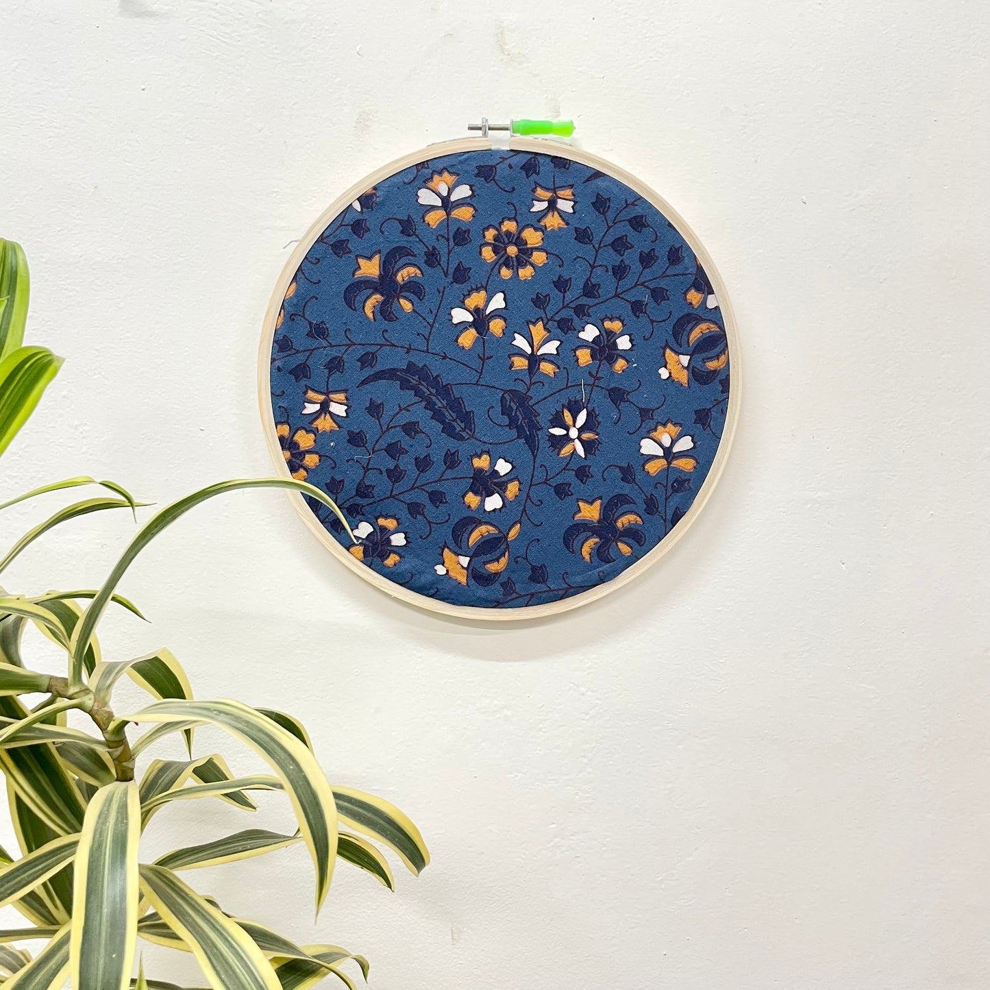 Indigo Blue Embroidery Hoop with Orange Floral Motifs – Upcycled Fabric | Multiple Sizes
