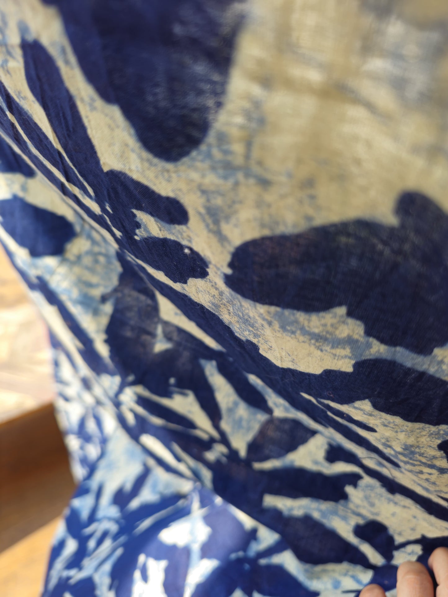 Indigo & White Leaf Print Cotton Curtain with Cream Tassels – Lightweight & Flowy